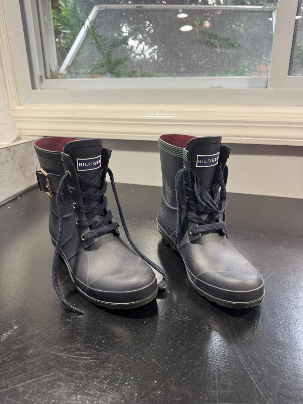 Tommy Hilfiger Black Lace-Up Ankle Rain Boots with Buckle